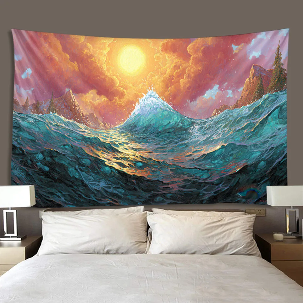 Retro Minimalist Landscape Oil Painting Tapestry Wave Sunrise Wall Hanging Cloth Living Room Fabric Art Decor