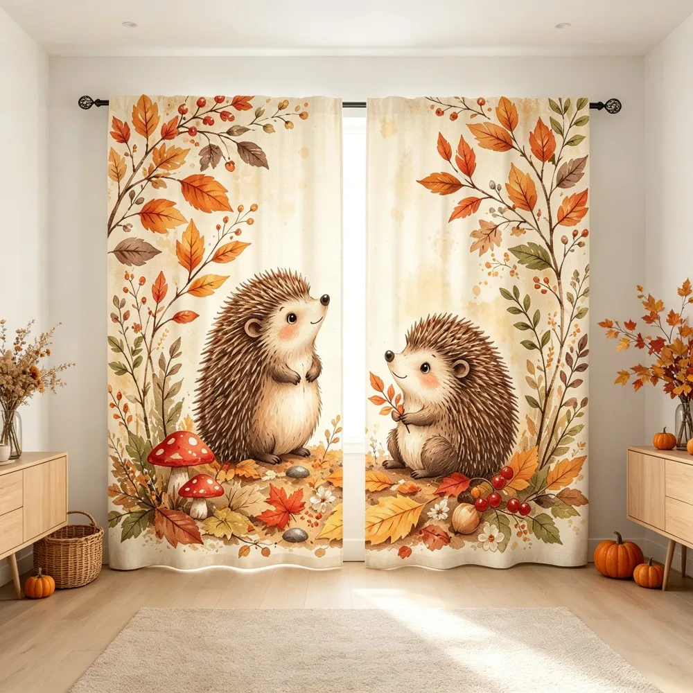 2PCS Thanksgiving Fall Curtains, Hedgehog Maple Leaf Mushroom Autumn Forest, Digital Print, Bedroom Living Room, Home Decor