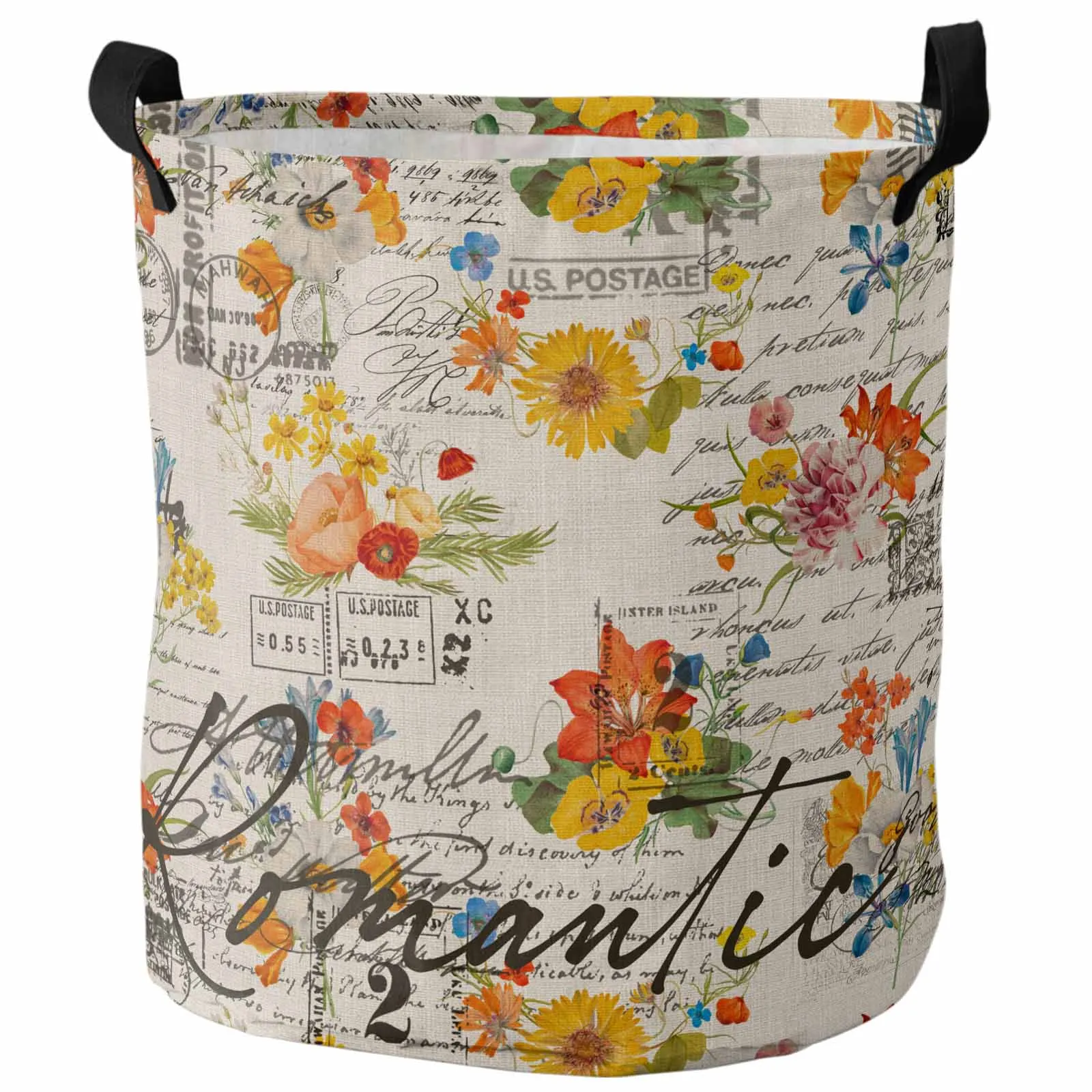 Retro Illustration Flower Envelope Postmark Foldable Dirty Laundry Basket Kid's Toy Organizer Waterproof Storage Baskets