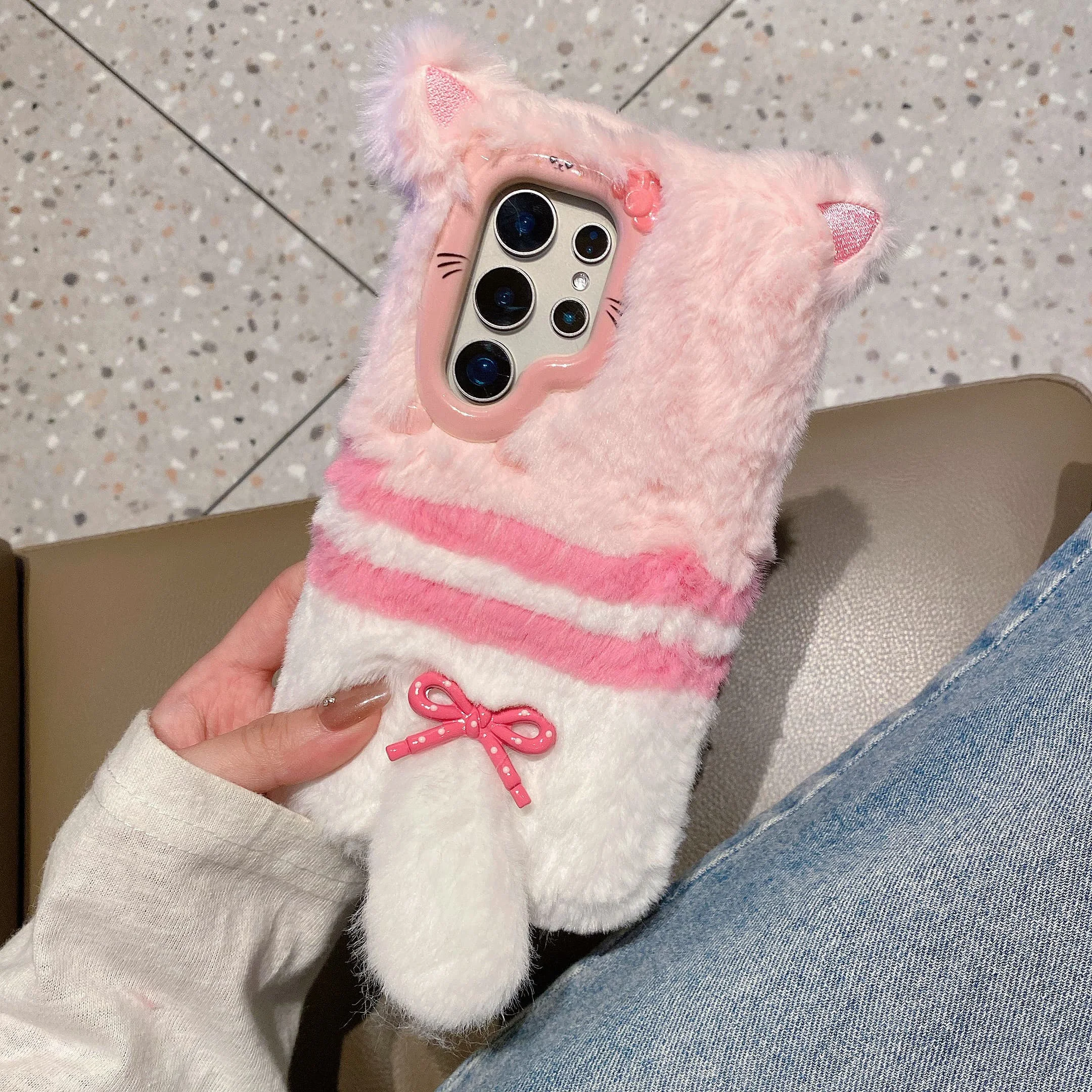 Fluffy Soft Fur 3D Cute Kitty Cat Furry Winter Warm Phone Case for Samsung Galaxy S23 S24 S25 Ultra A56 A16 A17 A55 A35 A54 5G