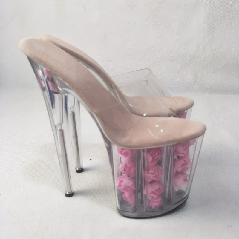 Summer style romantic pink rose glass slippers, model stage performance high heels 20CM transparent slippers