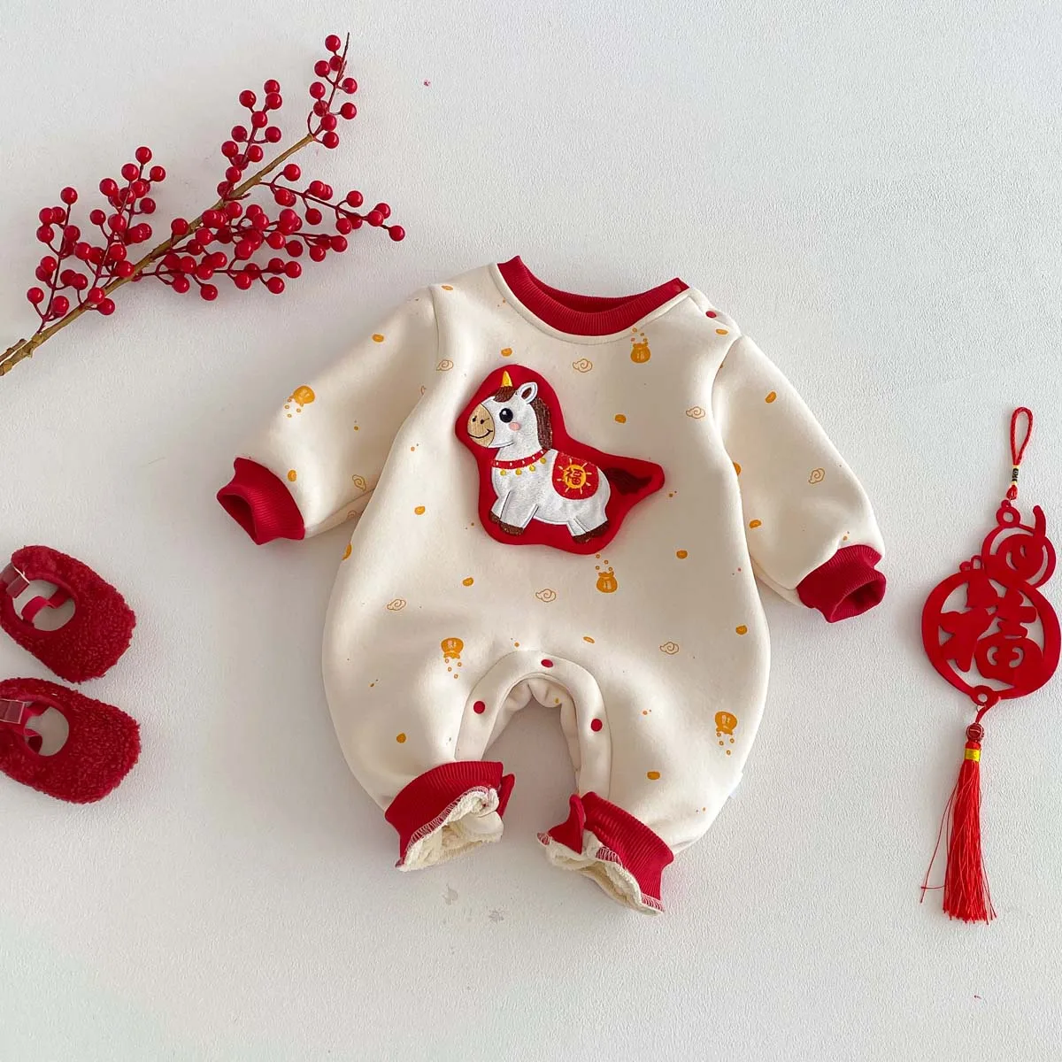 

Winter Baby Cute Cartoon Horse Plus Velvet Long Sleeve Jumpsuit for Boys and Girls, Winter New Year Greeting Plus Velvet Warm Clothing