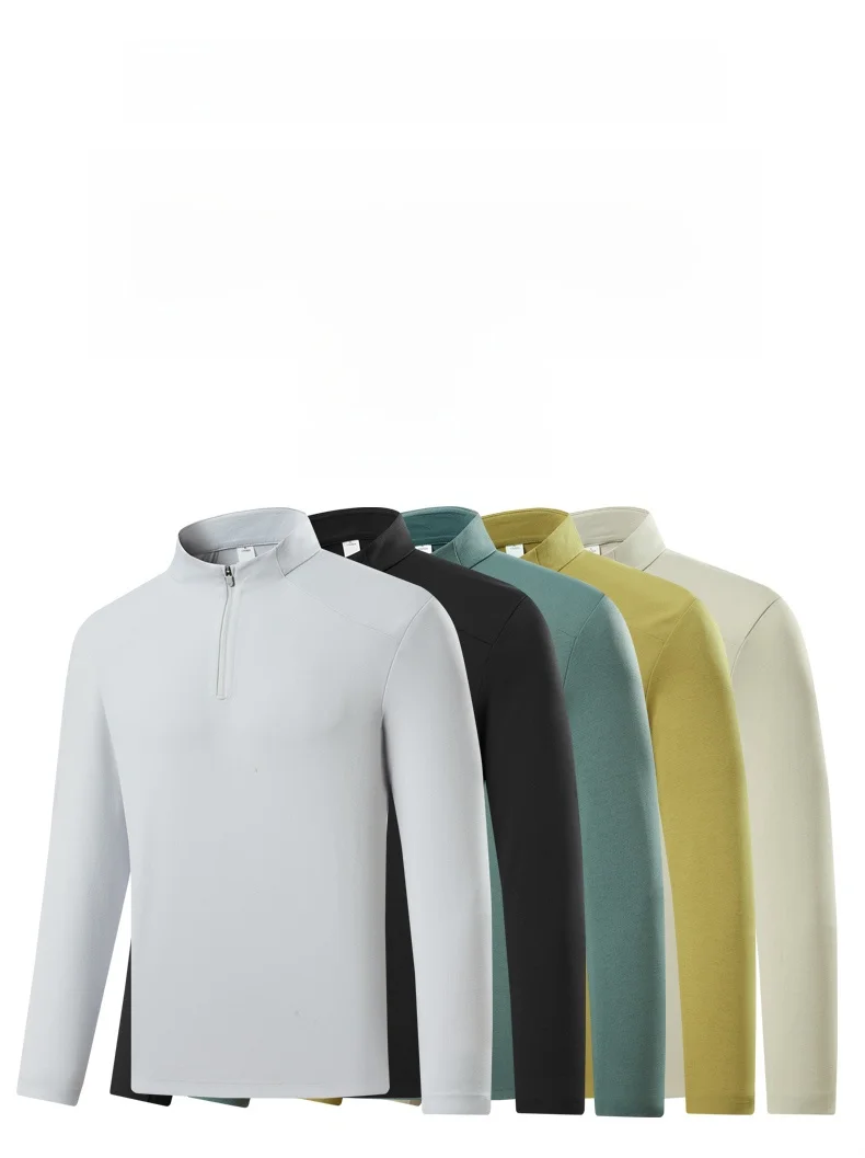 High-End Outdoor Seamless Glue Breathable Elastic Stand Collar Half Zip Long Sleeve Men's T-Shirt Moisture Wicking Comfortable