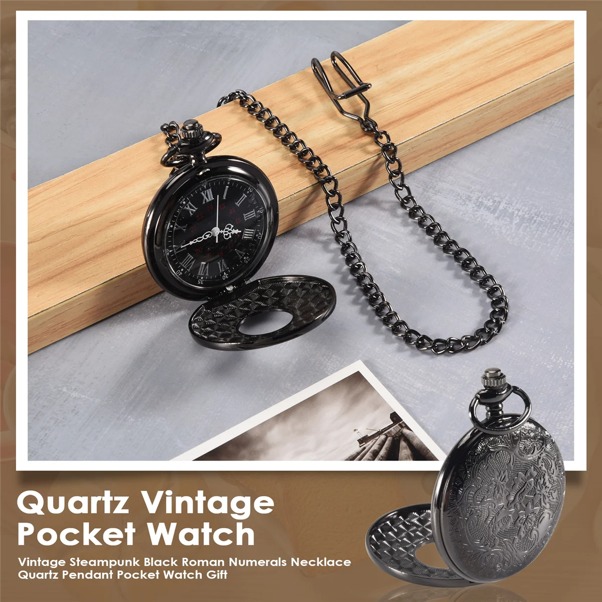 FZFZ 빈티지 Steampunk 블랙 로마 숫자 목걸이 석영 펜던트 회중 시계 선물