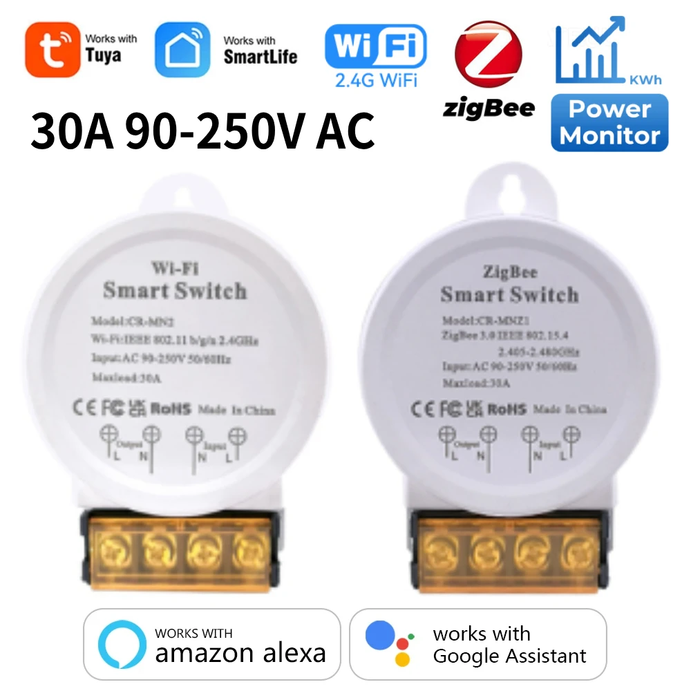 ZigBee WiFi Power Monitor  Switch 30A High Power AC90-250V Tuya Smart Life App Works with Alexa Google Assistant Voice