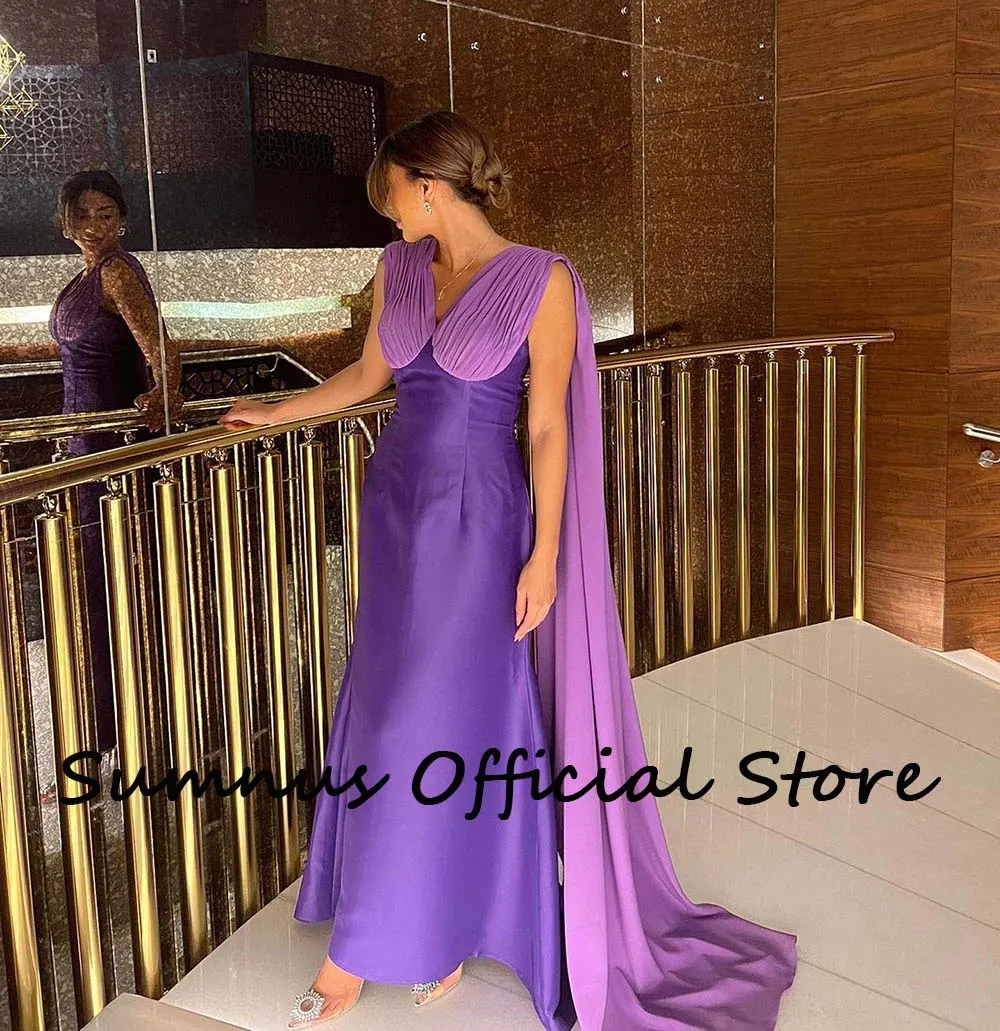 Sumnus Purple Mermaid Saudi Arabic Evening Dresses with Cape Satin Dubai Formal Women Gowns Floor Length Evening Party Dress