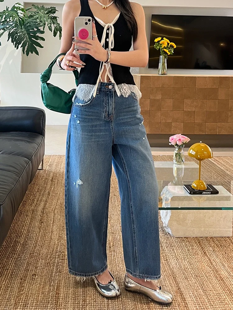 

High Waist Wide Leg Denim Jeans Women's Spring 2026 Dad Style Blue Loose Fit Torn Nine Point Knife Jeans Commute Wind