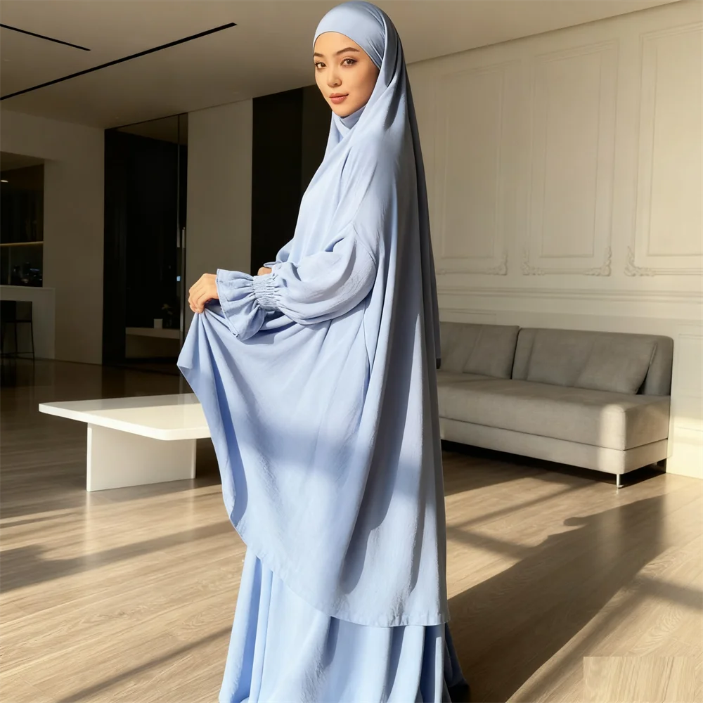 2PCS Muslim Abayas Hijab Prayer Dress Women Jilbabs Kaftan Islamic Dubai Saudi Robe Turkish Modesty Khimar Jalabiya Eid Djellaba