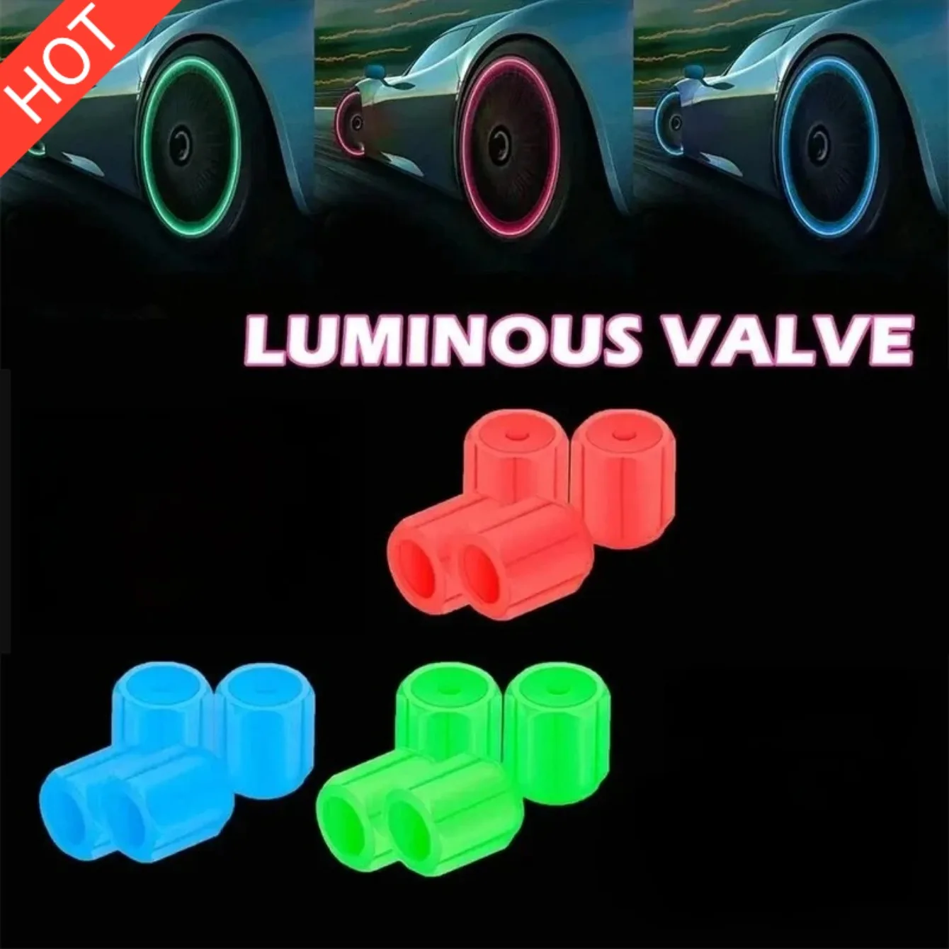 4 Piece Luminous Tire Valve Cap, Suitable for Motorcycle and Car Accessories, Night Riding Safety and Tire Protection