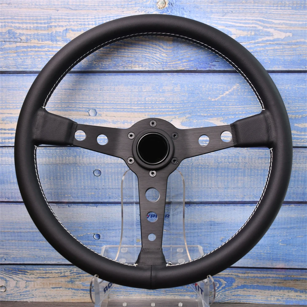 

370mm Sports Classic Steering Wheel 6 Holes Black Spoke Flat White Stitching Racing Steering Wheel with 5mm Thick Bracket