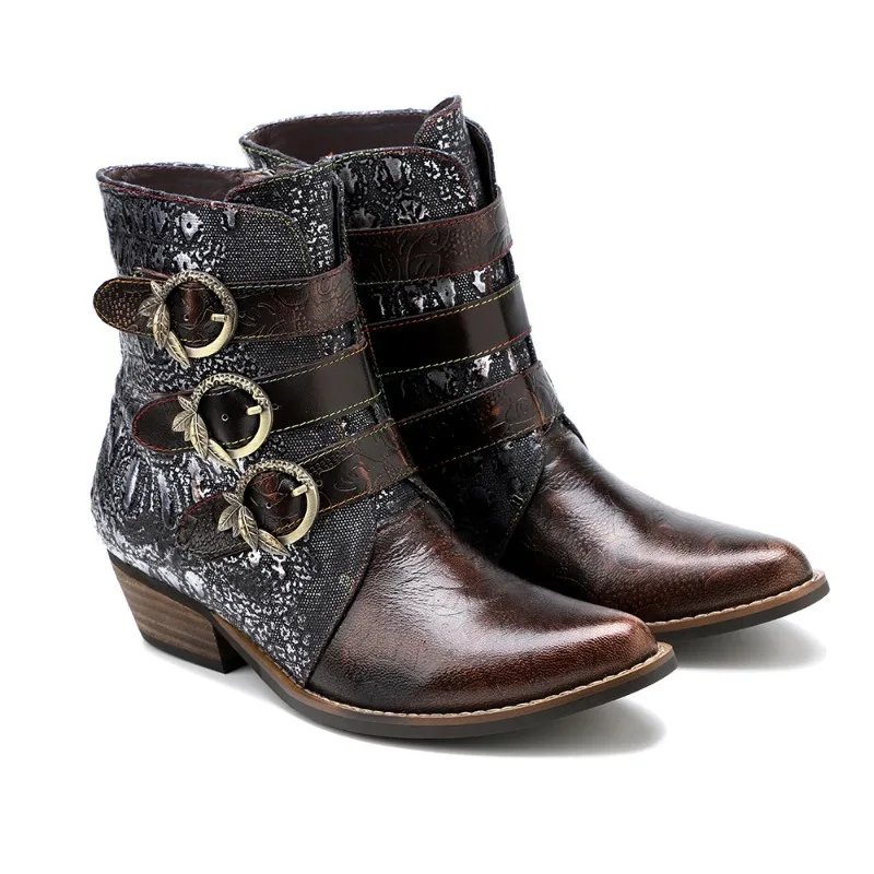 

Women Boots Lightweight Ankle Boots Belt Buckle 3cm Thick Heel ZIP Genuine Leather Print Ethnic Shoes for Women Modern Boots