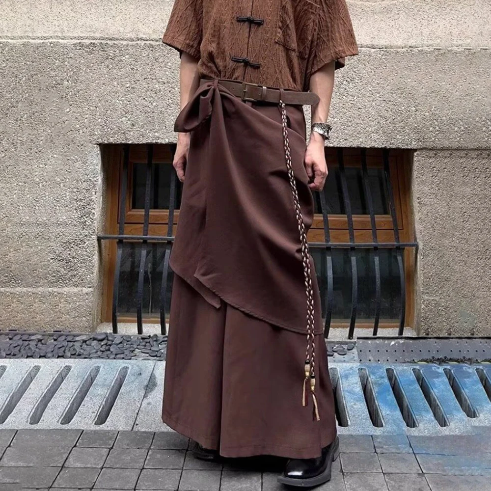 Men Japanese Double-Layer Irregular Casual Culottes 2024 New Genderless Fashion Splicing Solid Color Loose Wide-Leg Pants Unisex