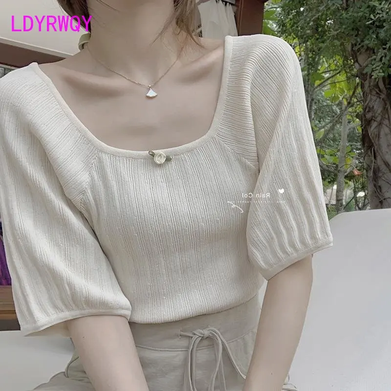 

Medium sleeved knit 2023 spring/summer new loose fitting short sleeved thin cut collar bone vintage square neck top T-shirt