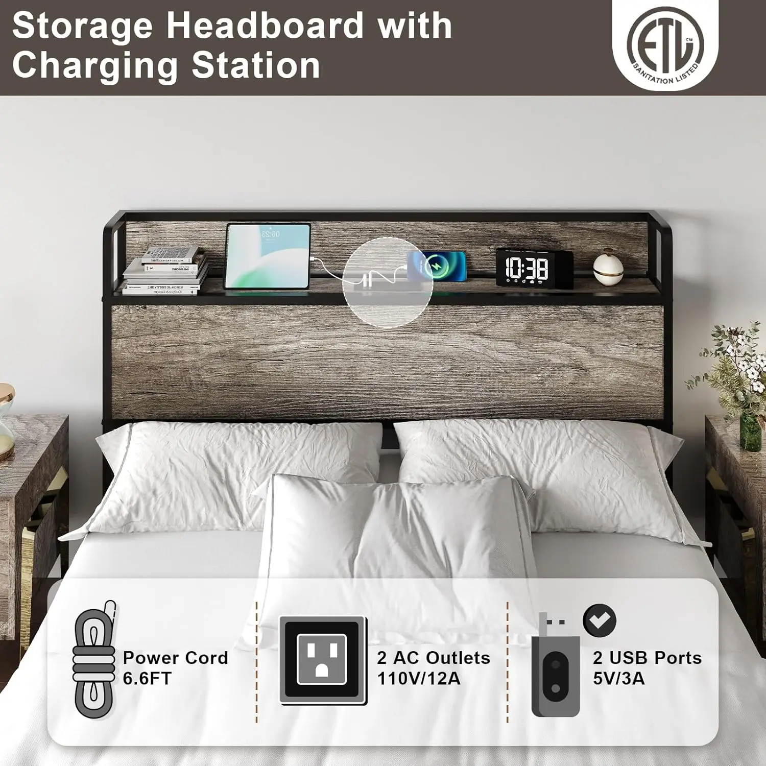 Full Size Lift Up Storage Bed Frame, Wooden Platform Bed Frame with Lifting Storage & Charging Station, Rustic Grey