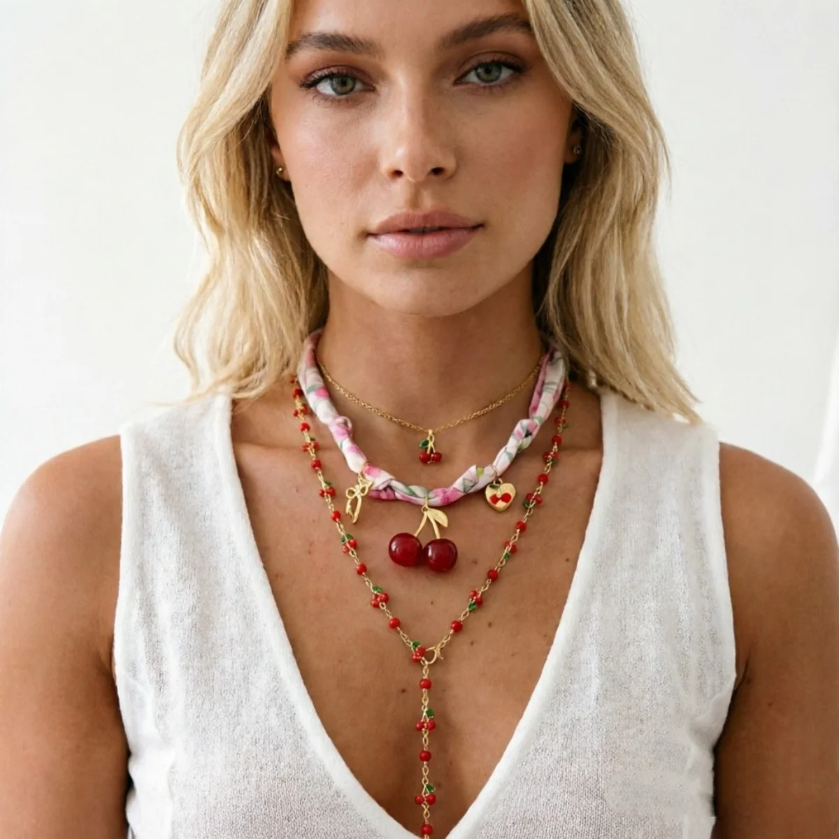 Mehrschichtiger roter Kirschherz-Schal, Y-förmige lange Halskette für Damen und Herren, süße Erdbeerblume, künstliche Perlen-Choker-Schmuckstücke – Detail 15