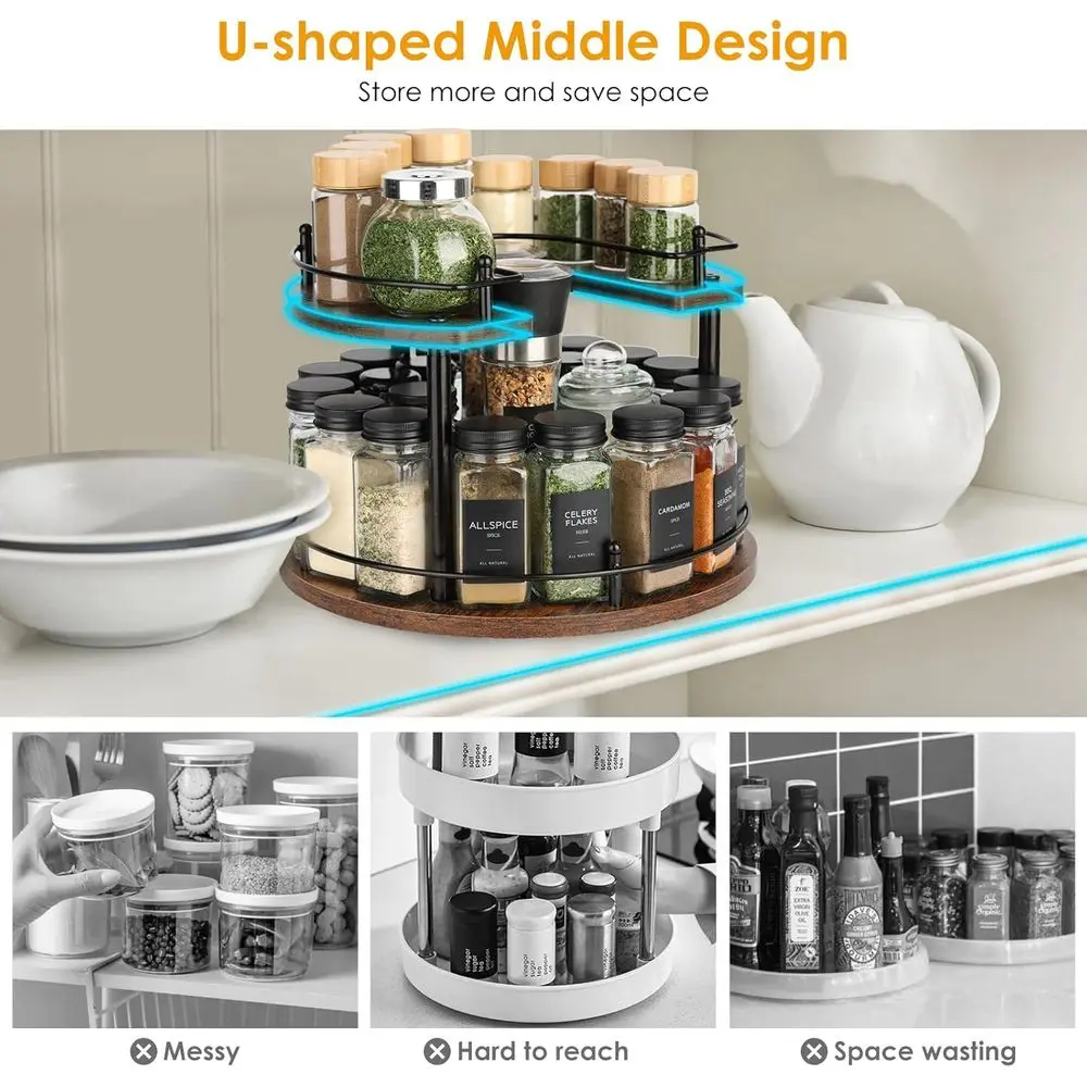 Adjustable 2-Tier Wooden Lazy Susan Spice Rack, 12 Rotating Organizer for Kitchen, Cabinet, and Dining Table Storage