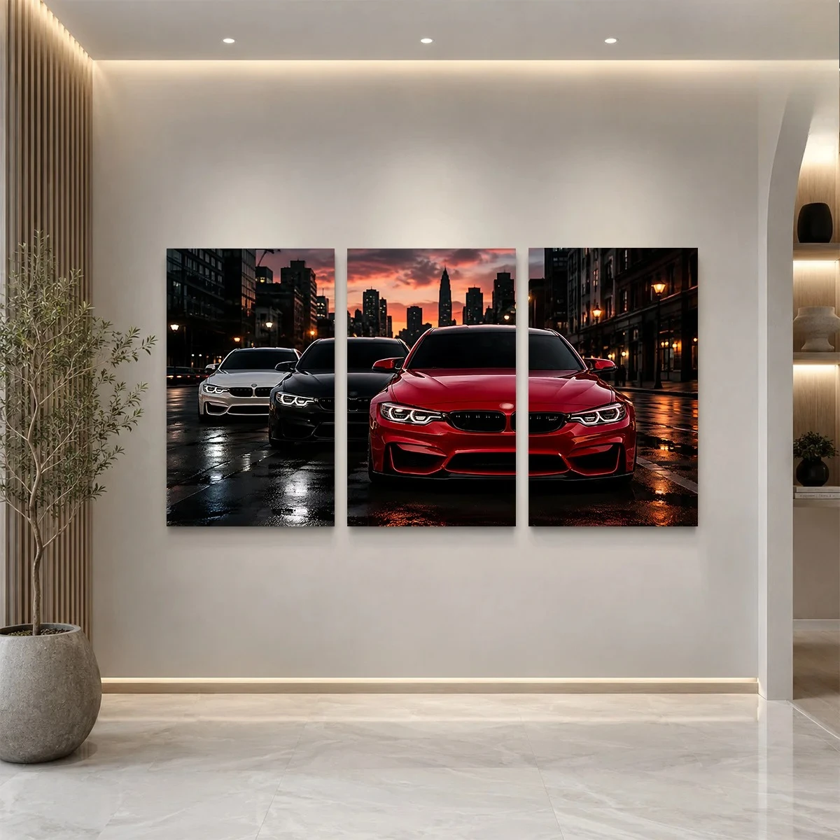 Frameless canvas 2D Flat 3PCS - Three cars red black white parked on wet city street at sunset Themed Canvas Wall Art, Waterp