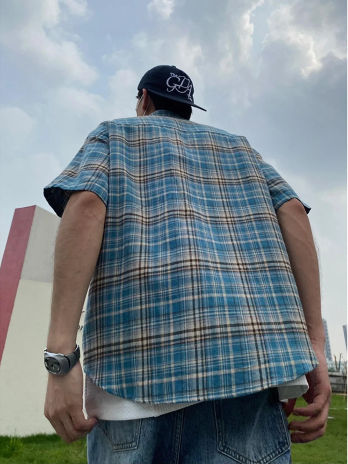 

Мужская летняя рубашка Cleanfit синяя в клетку с коротким рукавом в американском стиле для подростков, свободного кроя, трендовая