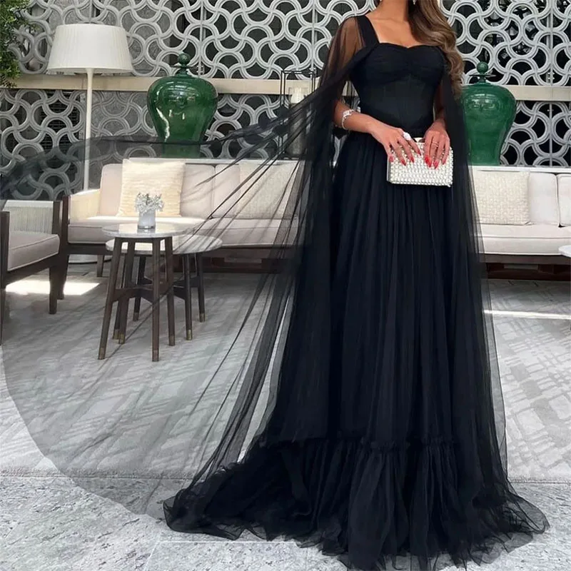 

Elegant Long Black Tulle Arabic Evening Dresses with Cape A-Line Sweetheart Formal Prom Dresses Vestidos de noche for Women