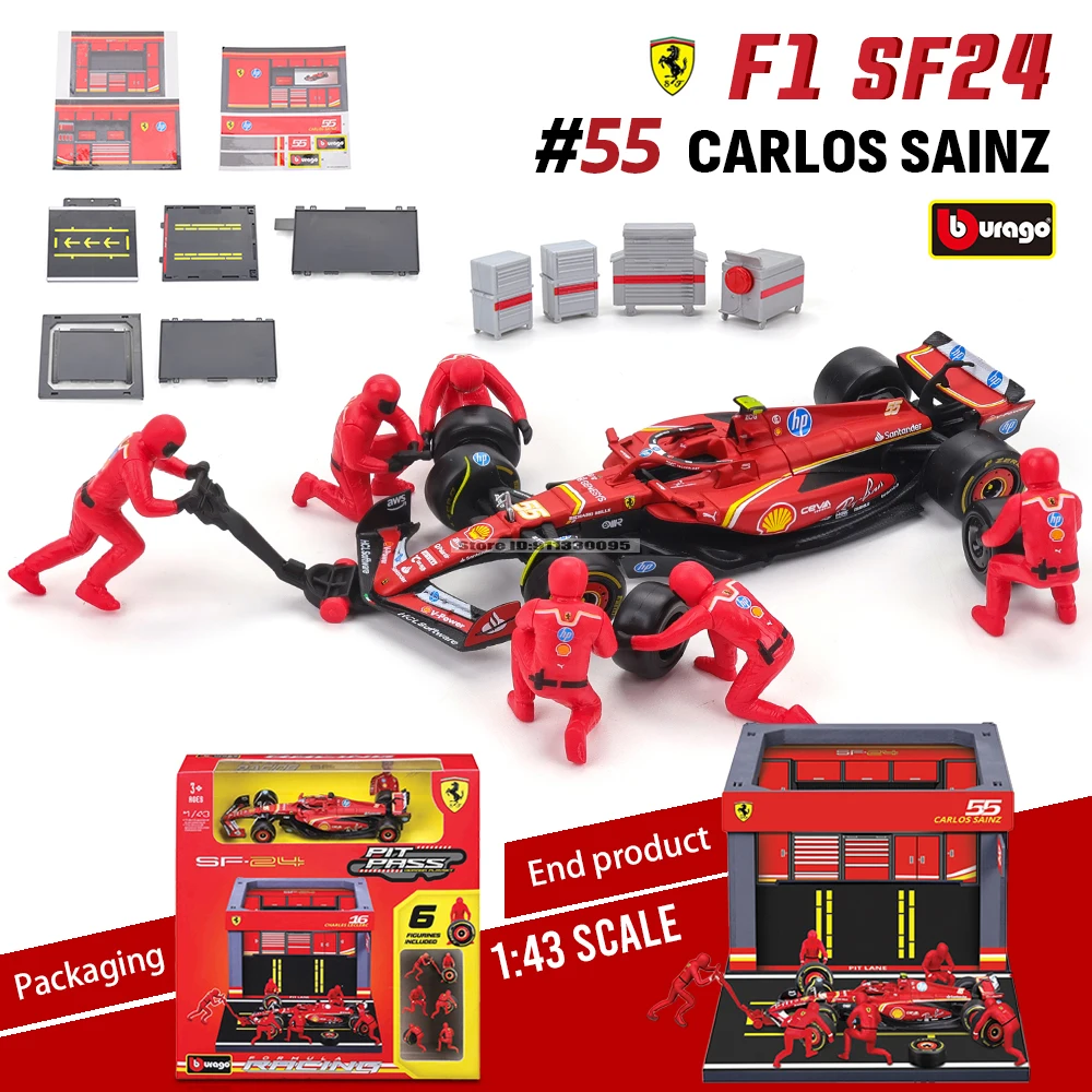Bburago 1:43 2024 F1 Ferrari SF24 #16 lecler RB20 MCL38 W15 DIY Pit House alloy luxury car die cast car model toy series
