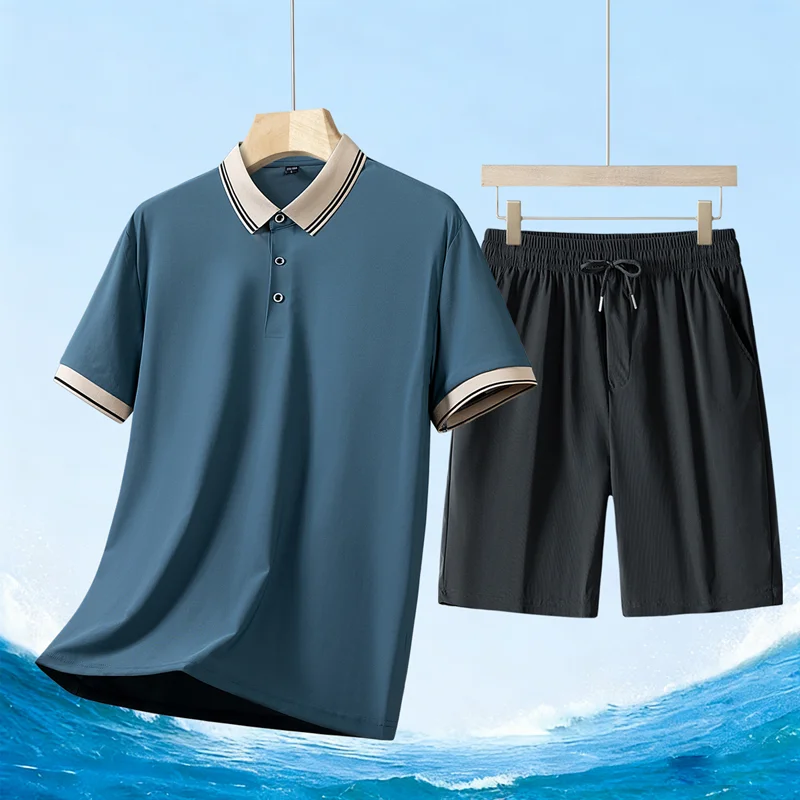 

Men's Color Block Collar Polo Shirt and Drawstring Shorts Two-Piece Casual Summer Set
