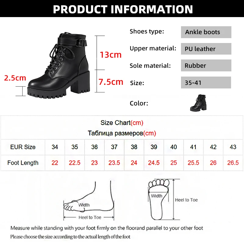 Thick Heel Ankle Boots for Women 2022 New Black Leather PU High Heels Shoes Woman Autumn Winter Platform Motorcycle Boots Women