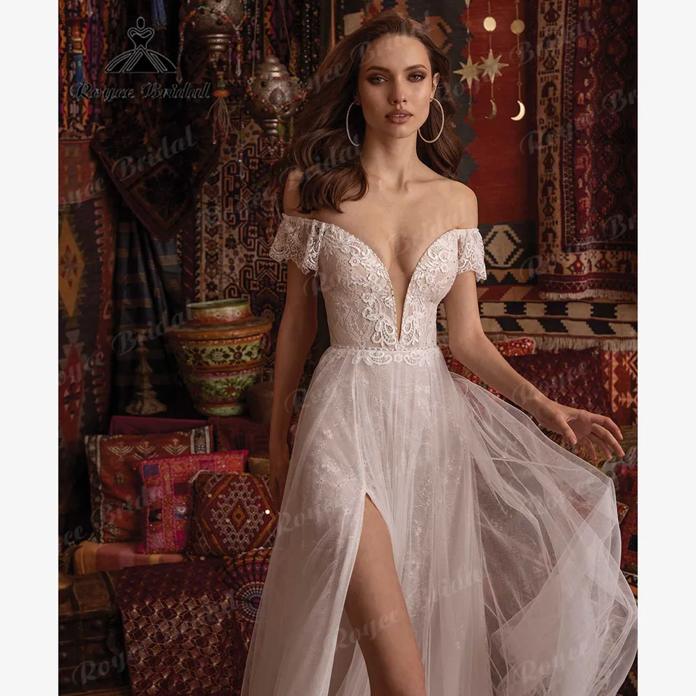 vestido novia boho chic Abito da sposa vintage con applicazioni in pizzo con spacco laterale con scollo a V 2025 Abito da sposa Abiti sposa personalizzati