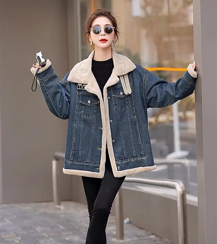 

Джинсовые пальто, длинные меховые плюшевые женские осенние обычные кроя, современные деловые повседневные городские поездки, эластичные, против морщин, удобные Y2K