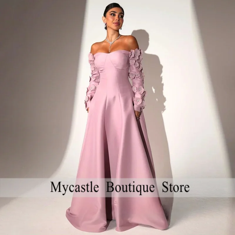 

Fashion Flowers Evening Dress Customized Sweetheart Long Sleeves A Line Saudi Arabian Party Gown Corset Prom Dresses