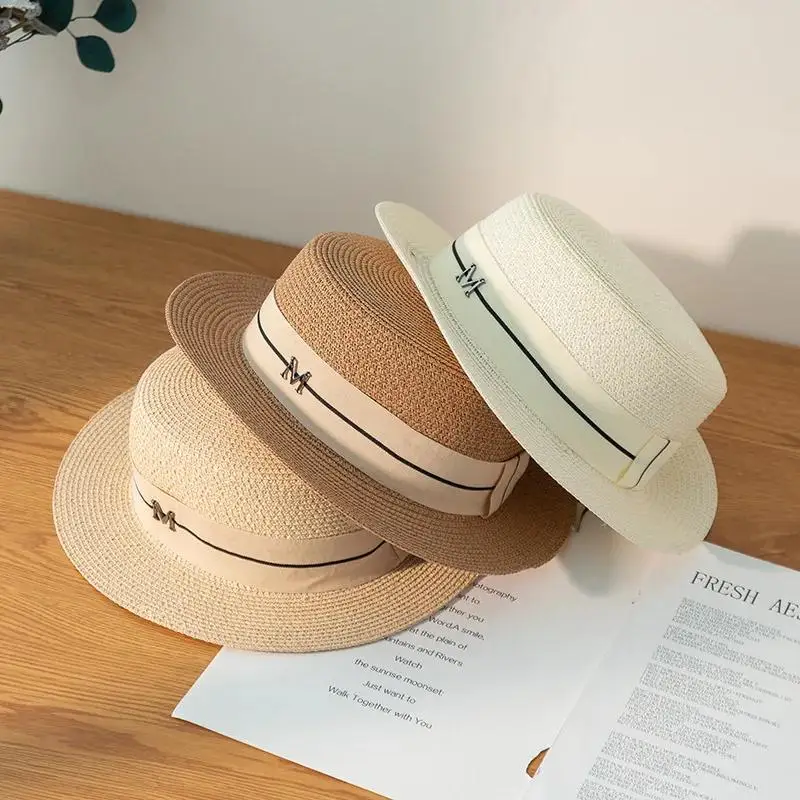 Concise Design New Letters Embroidered Women Straw Hats Panama Wide Brim Jazz Hat Summer Ladies Sun Hat Simple Flat Top Hat