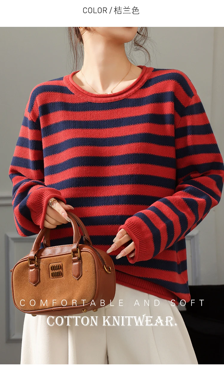 Fashion 100% pure cotton women's sweater autumn and winter casual striped knitted top loose Korean round neck women's pullover