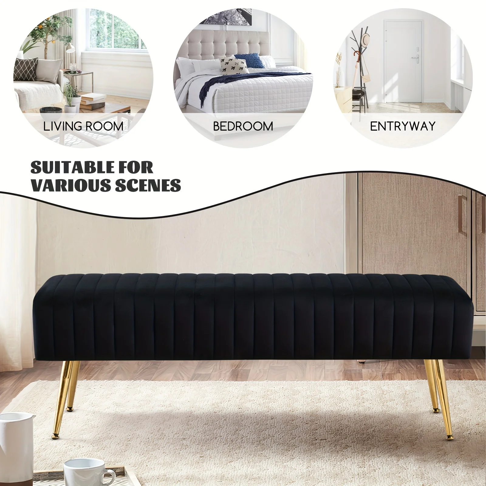 Luxury Shoe Changing Bench with Gold-Plated Legs & Velvet- 44-Inch Bedside Entryway Furniture