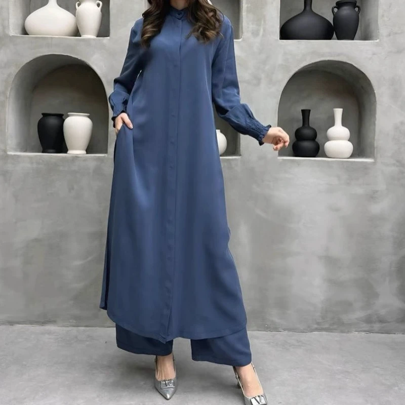 

Women's Clothing 2025 New Fashion Multi Button Long Sleeved Slit Stand Up Collar Shirt Casual Straight Leg Pants Two-piece Set