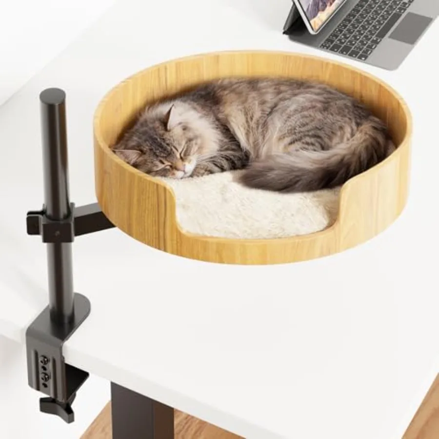 

Cat Desk Bed Wooden Cat Bed for Indoor Cats Adjustable Height 360 Rotation Elevated Desktop Hammock in Natural Wood Tone Space-