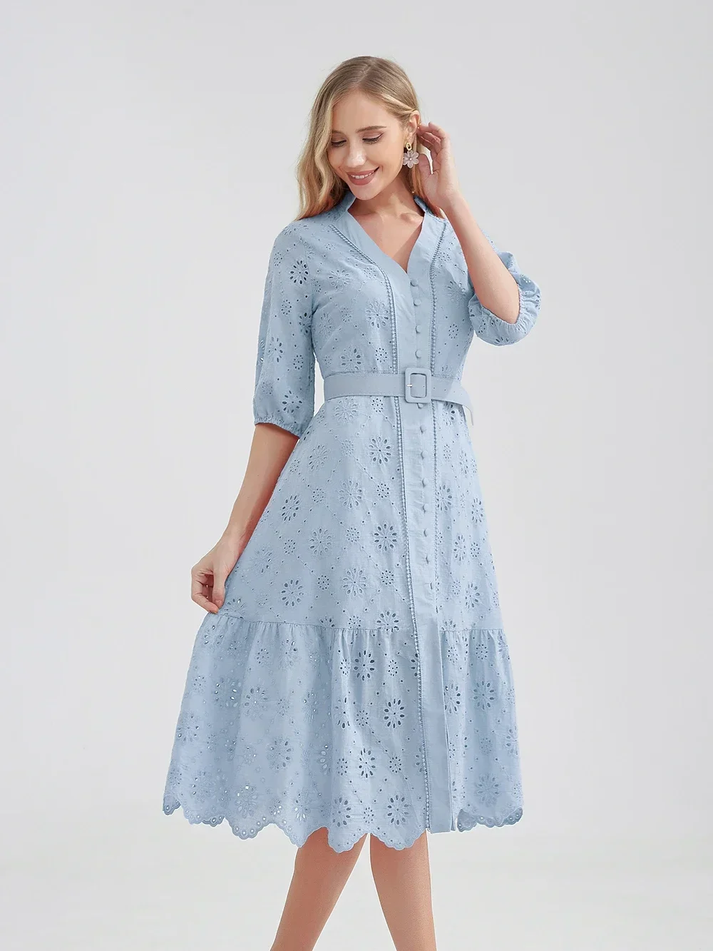 Marwin Cotton Hollow Out ฤดูร้อนชุดผู้หญิงวันหยุด Perppy Casual High เอว Ruffled Mini V คอชุด A-Line Frills Vestido