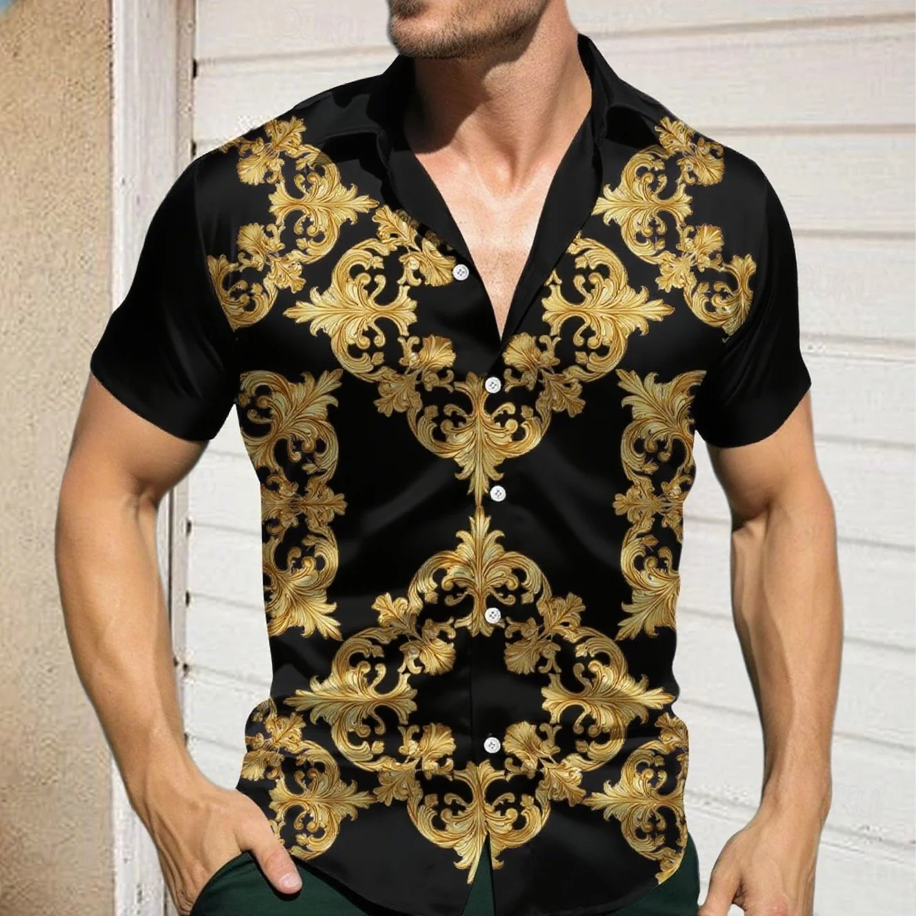New men's printed short-sleeved shirt, summer top, men's lapel art pattern Hawaiian shirt, fast shipping