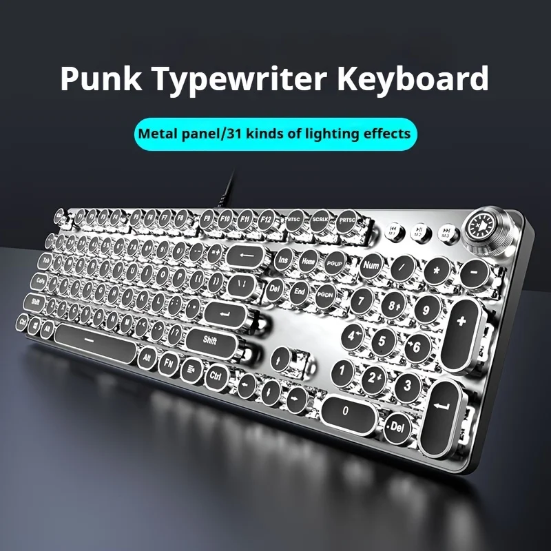 EWEADN Steampunk Mechanical Gaming Keyboard 104 Key All-Metal Panel LED Backlit Ergonomic  Wired Keyboard  for Gamer and Office