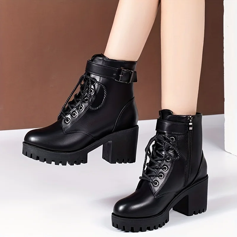 2023 Women\'s Solid Chunky Heel Boots Fashion Lace Up Shoes for Women Side Zipper Boots Stylish Buckle Strap Detailed Ankle Boots