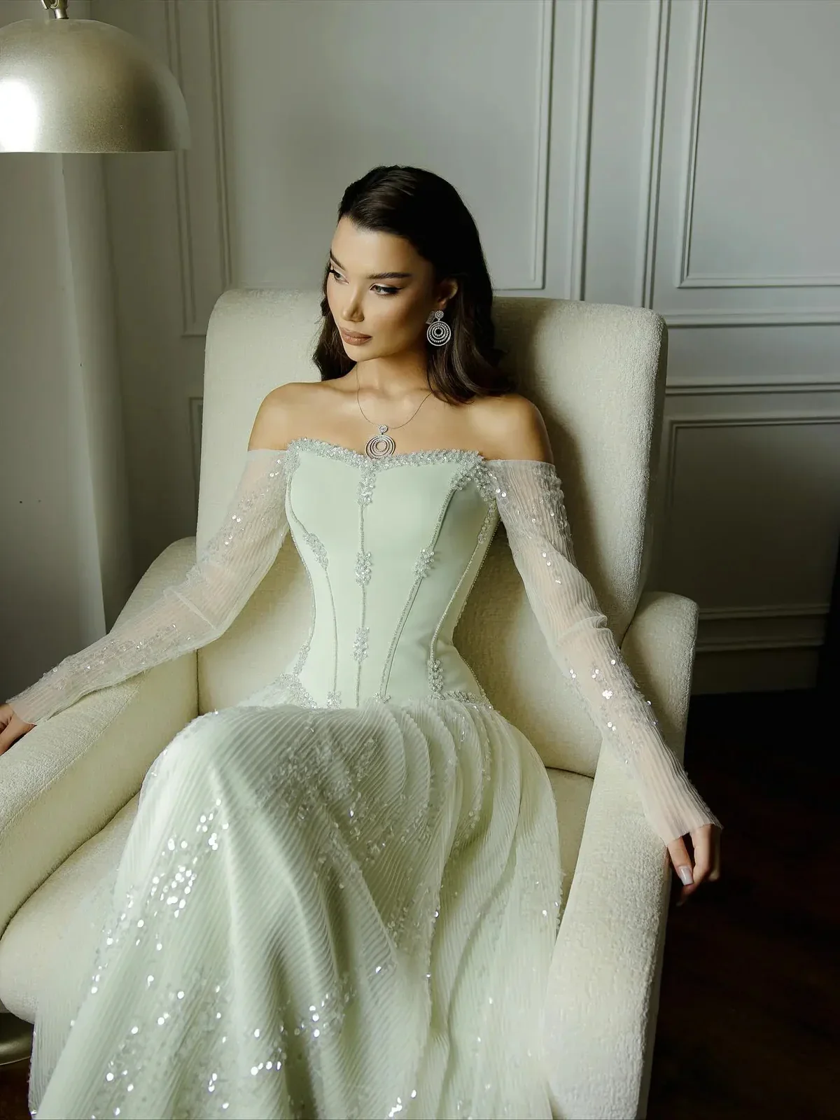 

Elegant Beige Off Shoulder Beaded Evening Dress Sequins Beaded A Line Sheer Long Sleeve Women Formal Cocktail Prom Vestidos