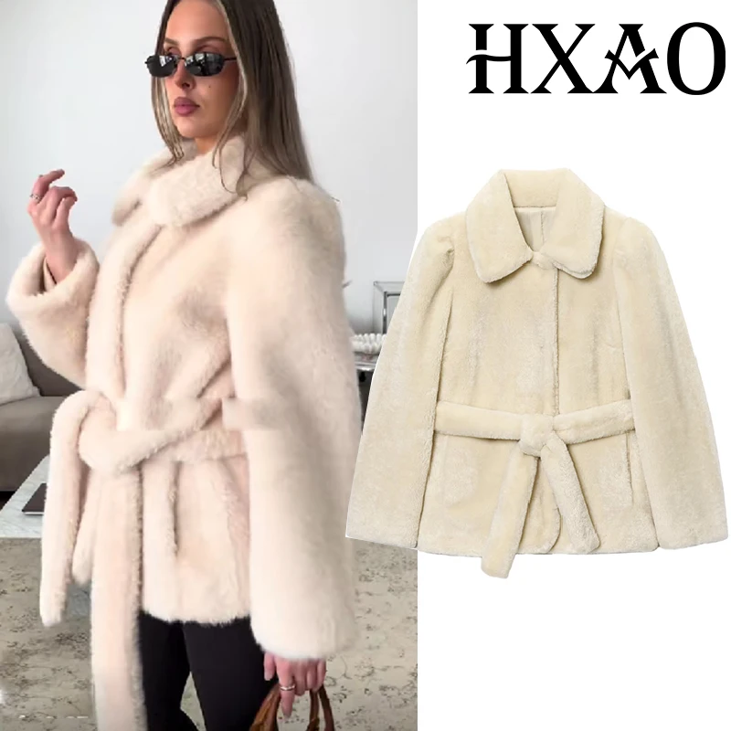 

HXAO Fleeced Faux Fur Coat Cropped Autumn Winter Plush Jacket Woman Belt Fluffy New Jacket Warm Long Sleeve Teddy Coats