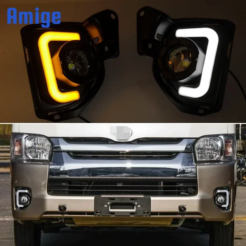 

12 В автомобильные светодиодные дневные фонари DRL для Toyota Hiace 2014 2015 2016 2017 2018 желтый указатель поворота дневные ходовые огни авто противотуманные фары
