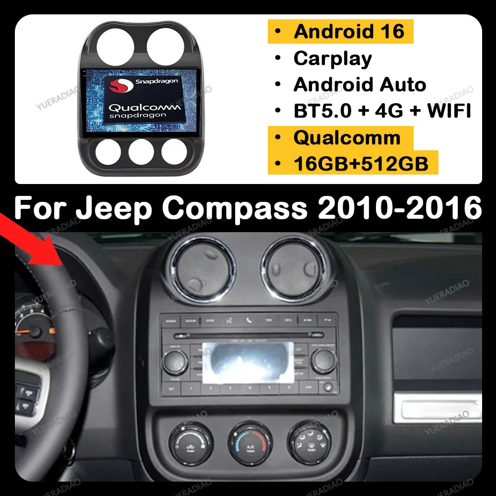 Radio para Auto Android 16 para Jeep Compass Patriot 2010-2016, Reproductor Multimedia Estéreo de Video, Qualcomm 4G LTE, 5G WIFI, QLED, 2DIN, BT