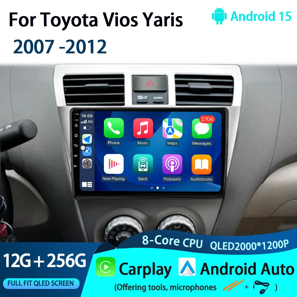 

no 2 Din Android15 Car Stereo Radio For Toyota Vios Yaris 2007 -2012 Multimedia Video Player Carplay GPS Navigation With Screen