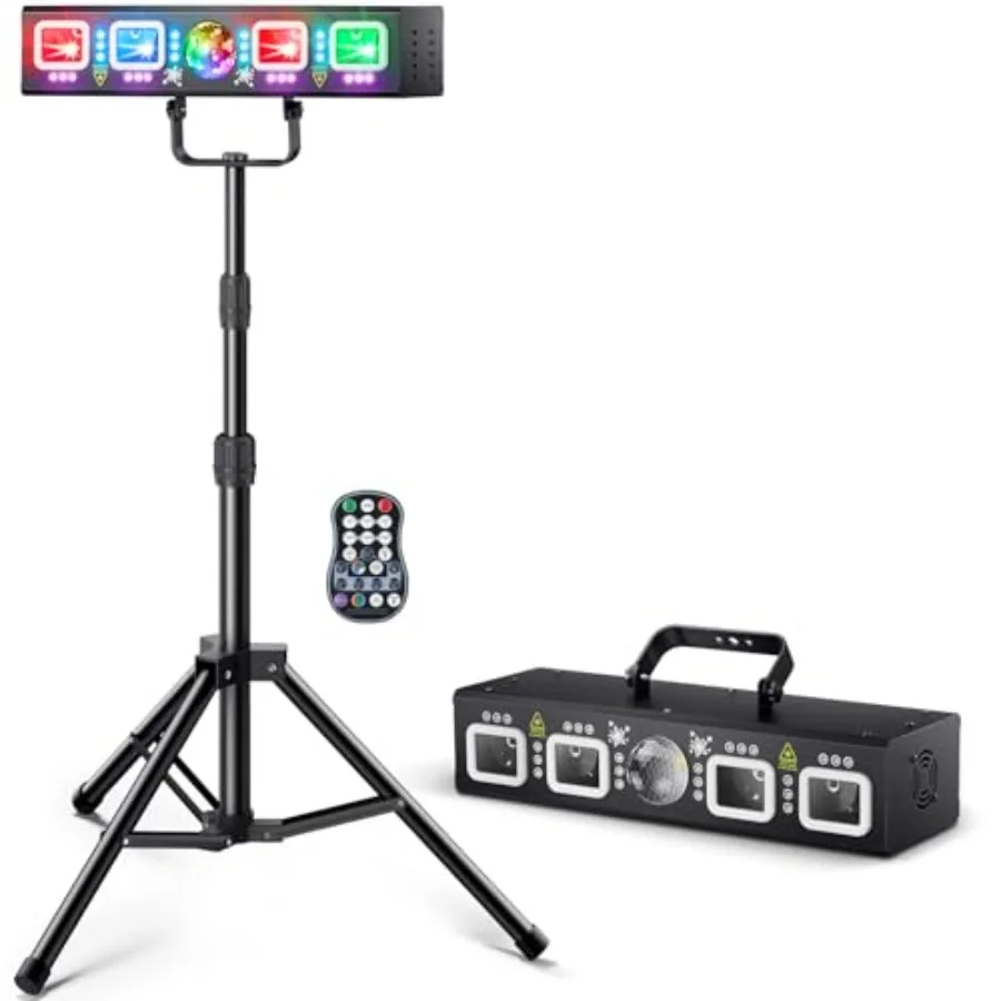 

DJ Light with Stand, Pro 6 in 1 DMX and Sound Activated Laser Show Machine with Disco Ball Lights, RGBW and UV Strobe Party Lig