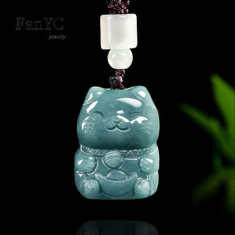

Натуральный жадеит, голубая вода, мультяшный кот, кулон, изысканно очаровательное клейкое нефритовое ожерелье, мужской и женский праздничный подарок