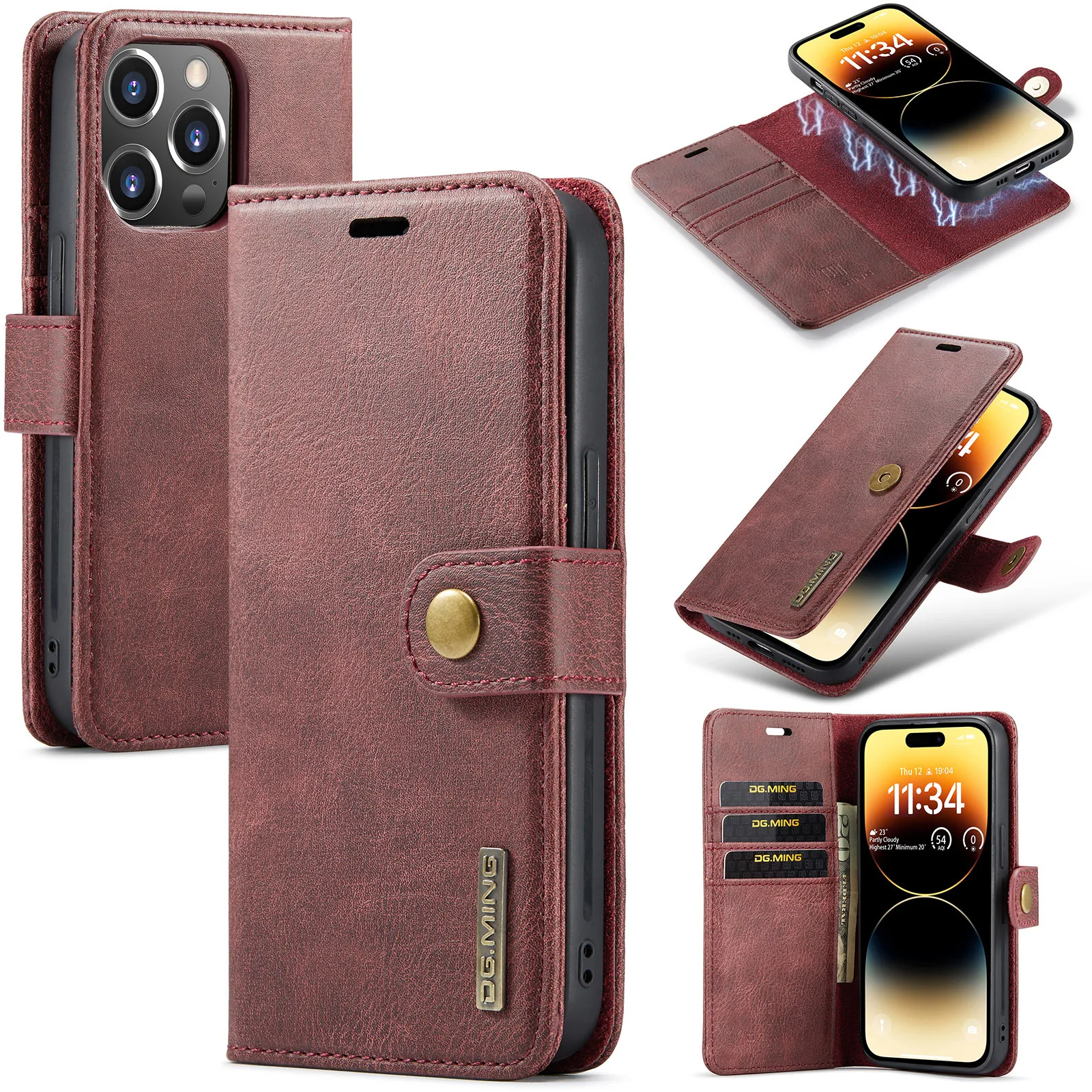 2-in-1 afneembare leren hoes voor iPhone 11 12 13 14 15 16 17 Pro Max Mini X XR 6 7 8 Plus SE met magnetische kaarthouder en portemonnee