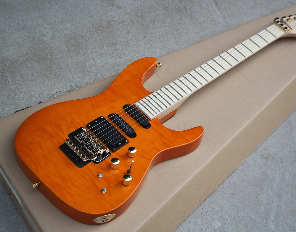 Factory DIY Orange Electric Guitar with Golden Hardware,Tremolo Bridge,Offer Customize