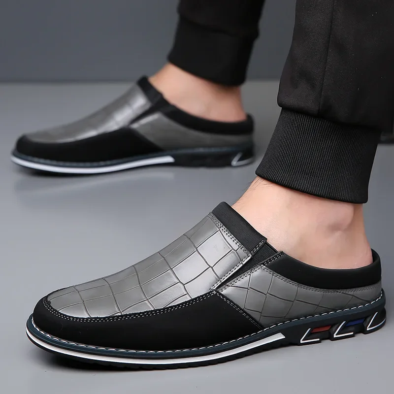 2025 Summer larger size 53 New Men's half slippers PU leather shoes without heels men's casual lazy slippers,Toe wrapped sandals