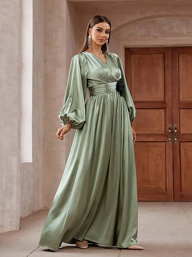 

Women's Loose Green Dress Long Sleeves V-Neck High Waist Fashion Pleated Satin Dress Evening Wedding Femme Party Gown Vestidos