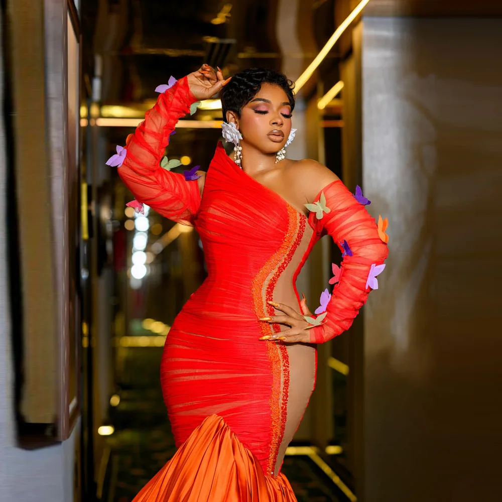 대비색 플러스 사이즈 이브닝 드레스 오프숄더 비즈 스팽글 드레이프 머메이드 프롬 드레스 나비 장식